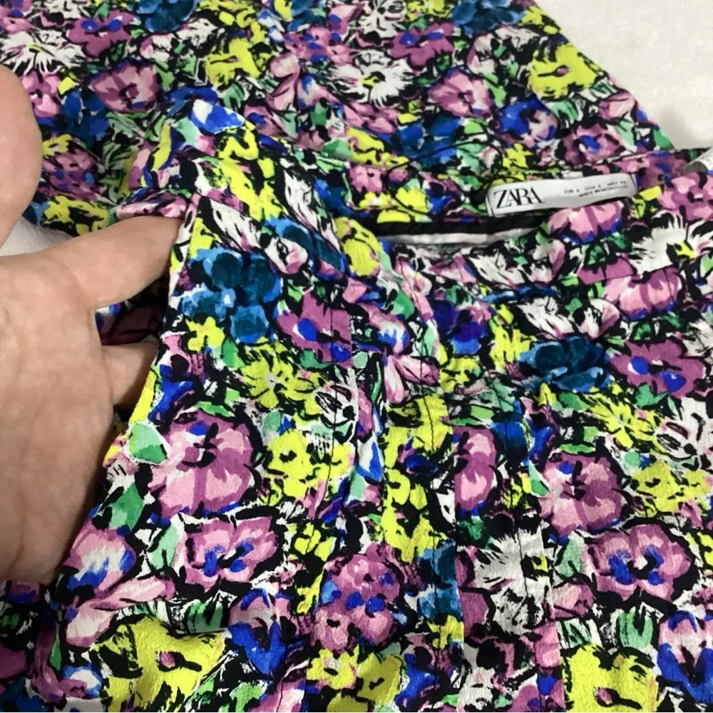 Zara Women Large Wide Leg Floral Print Culotte Pants with Pockets & Side Zip